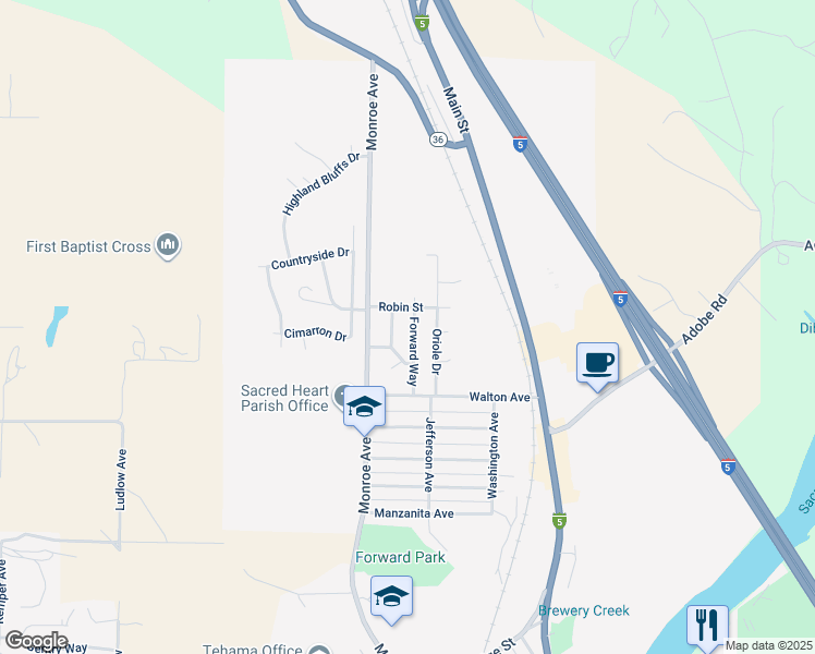 map of restaurants, bars, coffee shops, grocery stores, and more near 2535 Forward Way in Red Bluff