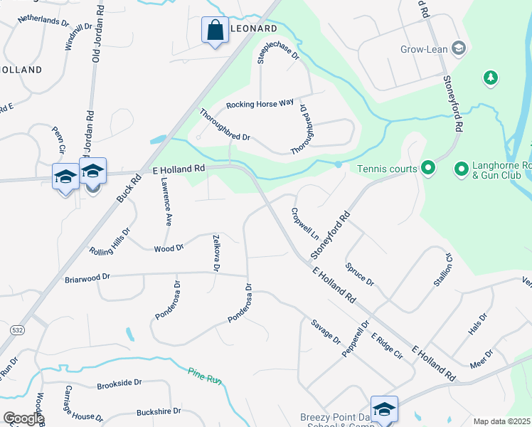 map of restaurants, bars, coffee shops, grocery stores, and more near 107 Ponderosa Drive in Holland