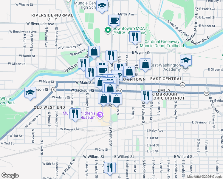 map of restaurants, bars, coffee shops, grocery stores, and more near 208 South Walnut Street in Muncie