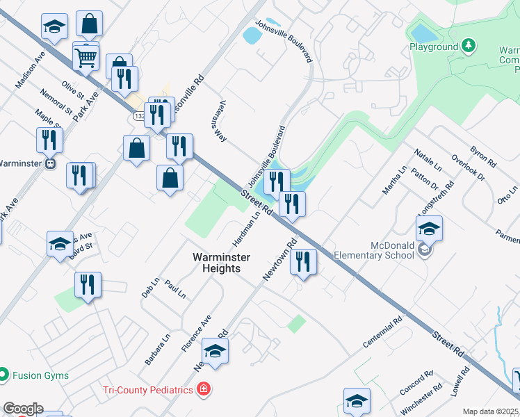 map of restaurants, bars, coffee shops, grocery stores, and more near 496 Hardman Lane in Warminster