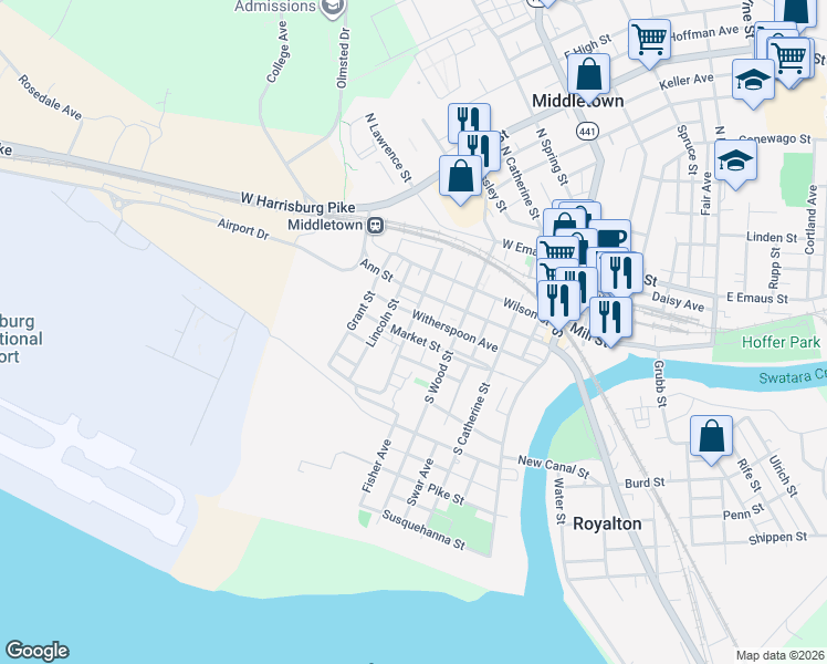map of restaurants, bars, coffee shops, grocery stores, and more near 234 Market Street in Middletown