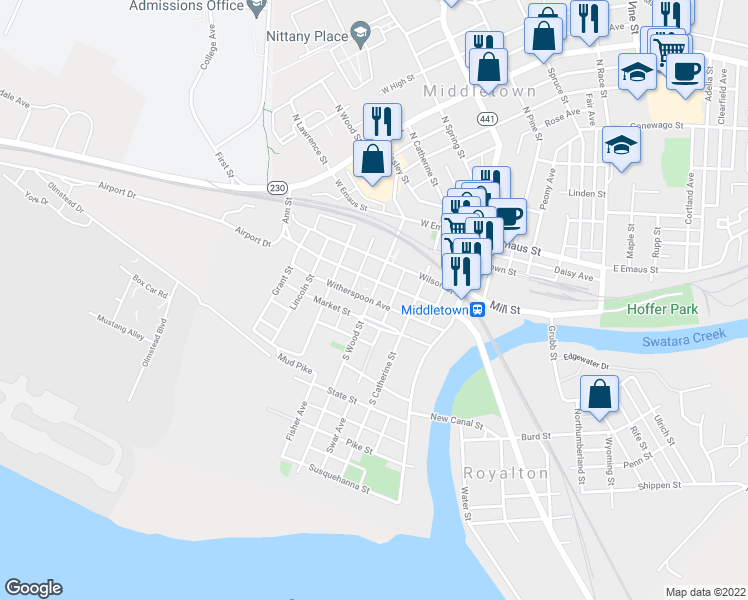 map of restaurants, bars, coffee shops, grocery stores, and more near 330 South Wood Street in Middletown