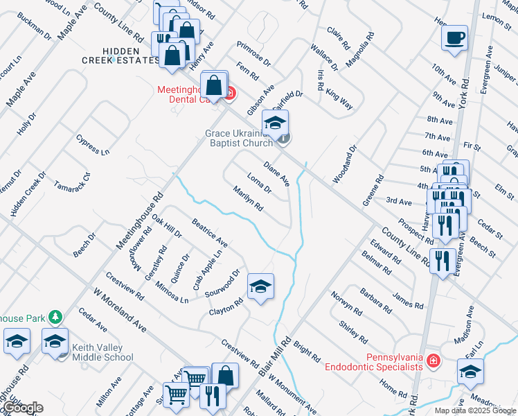 map of restaurants, bars, coffee shops, grocery stores, and more near 195 Marilyn Road in Hatboro