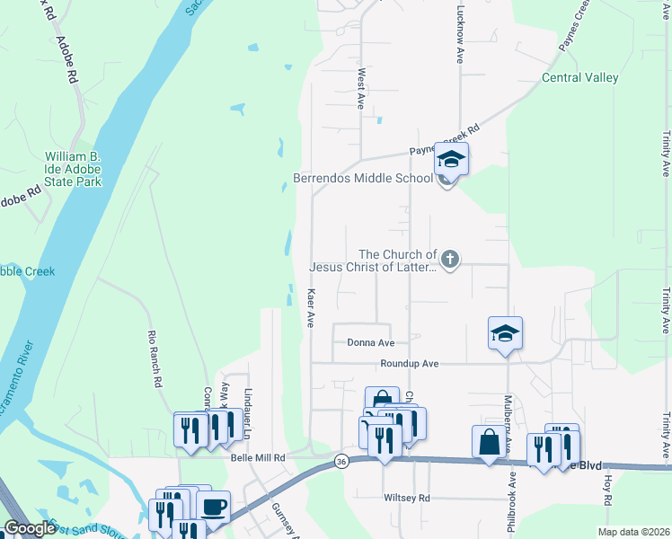 map of restaurants, bars, coffee shops, grocery stores, and more near 419 Berrendos Avenue in Red Bluff
