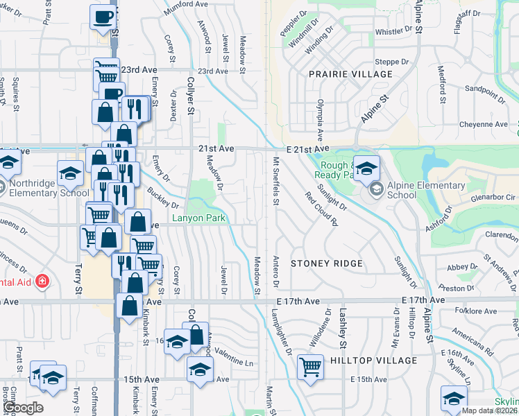 map of restaurants, bars, coffee shops, grocery stores, and more near 1881 Mount Sneffels Street in Longmont