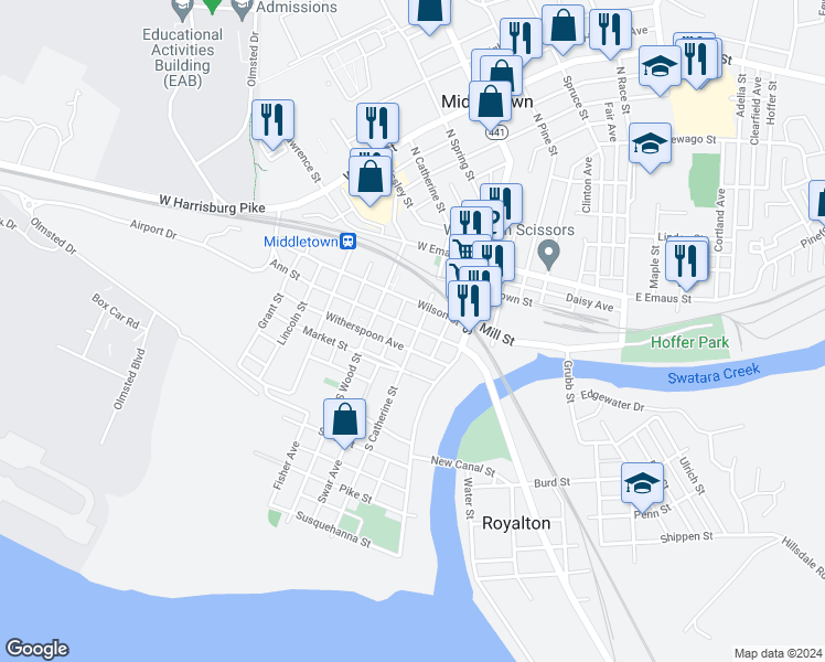 map of restaurants, bars, coffee shops, grocery stores, and more near 332 South Catherine Street in Middletown