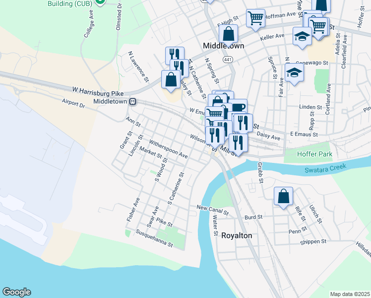 map of restaurants, bars, coffee shops, grocery stores, and more near 332 South Catherine Street in Middletown