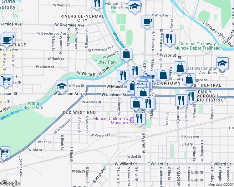 map of restaurants, bars, coffee shops, grocery stores, and more near 415 West Jackson Street in Muncie