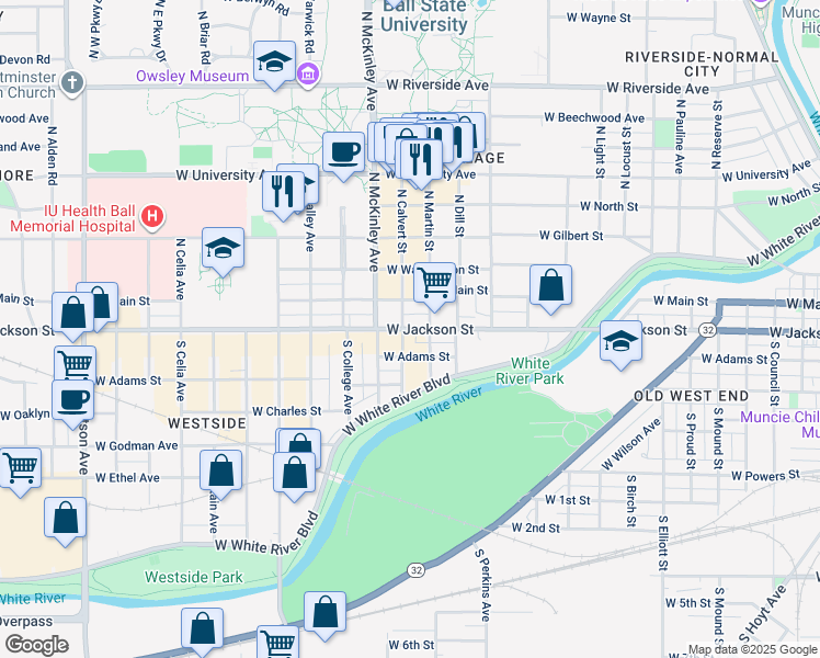 map of restaurants, bars, coffee shops, grocery stores, and more near 237 South Calvert Street in Muncie