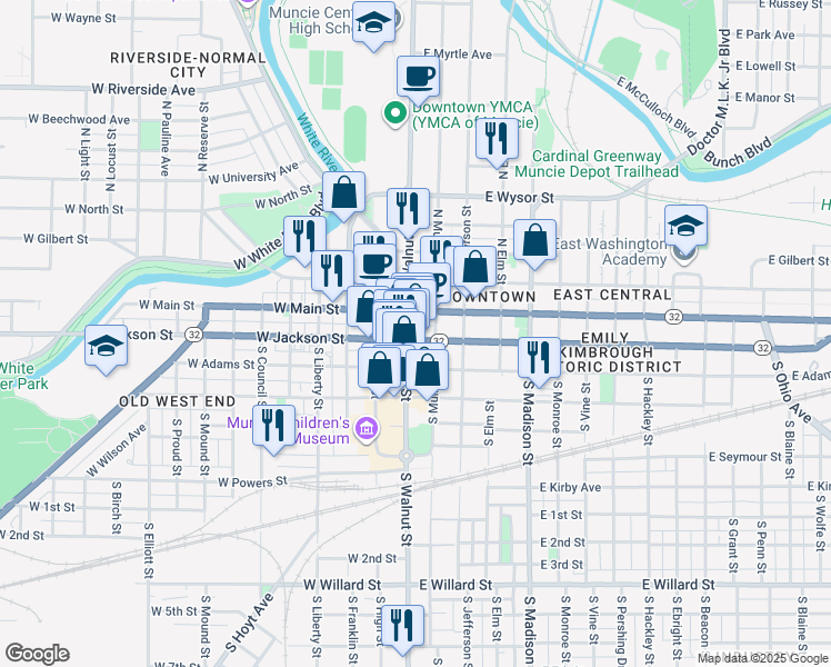map of restaurants, bars, coffee shops, grocery stores, and more near 120 South Walnut Street in Muncie