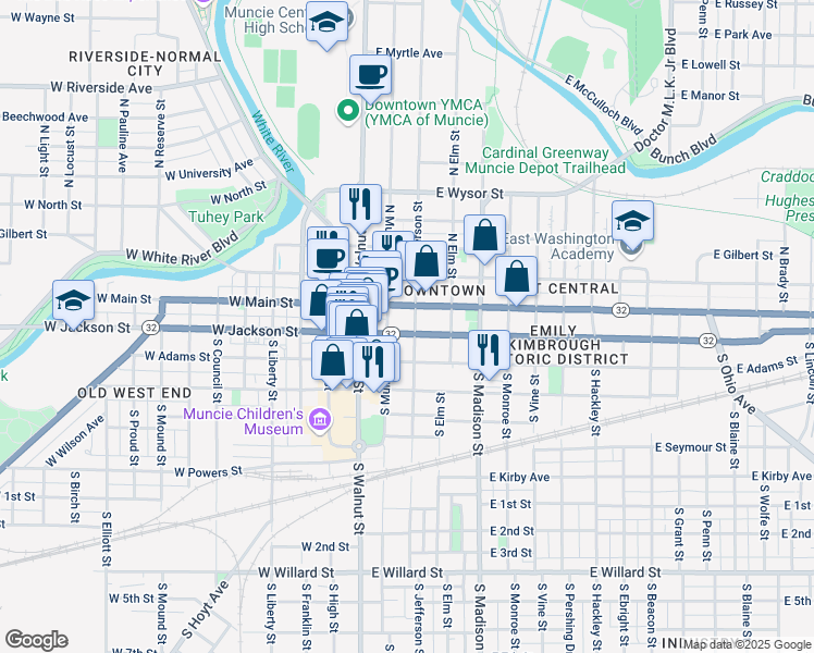 map of restaurants, bars, coffee shops, grocery stores, and more near 220 East Jackson Street in Muncie