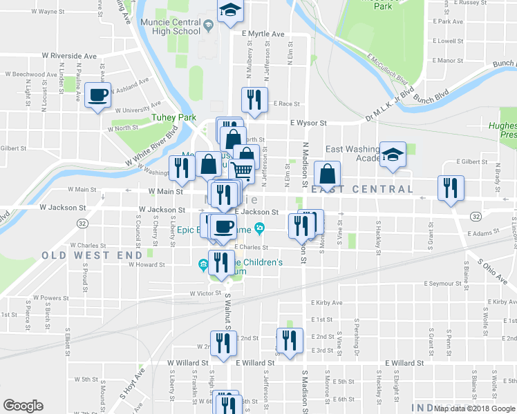 map of restaurants, bars, coffee shops, grocery stores, and more near 220 East Jackson Street in Muncie