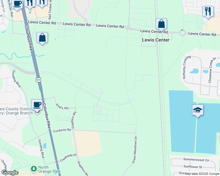 map of restaurants, bars, coffee shops, grocery stores, and more near Graphics Way in Lewis Center