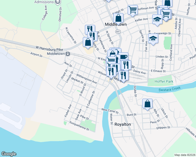 map of restaurants, bars, coffee shops, grocery stores, and more near 332 South Catherine Street in Middletown