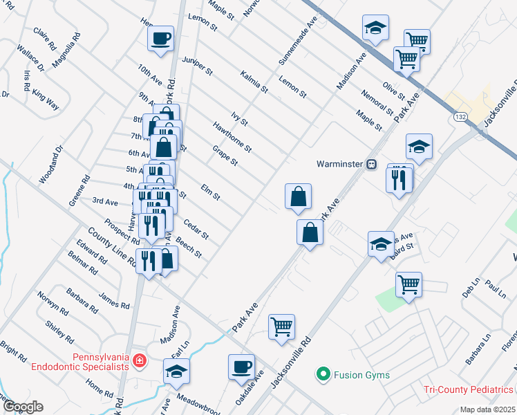 map of restaurants, bars, coffee shops, grocery stores, and more near 219 Madison Avenue in Warminster