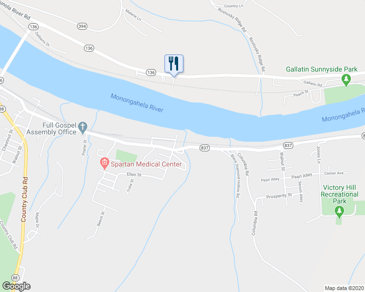 map of restaurants, bars, coffee shops, grocery stores, and more near 813 East Main Street in Monongahela