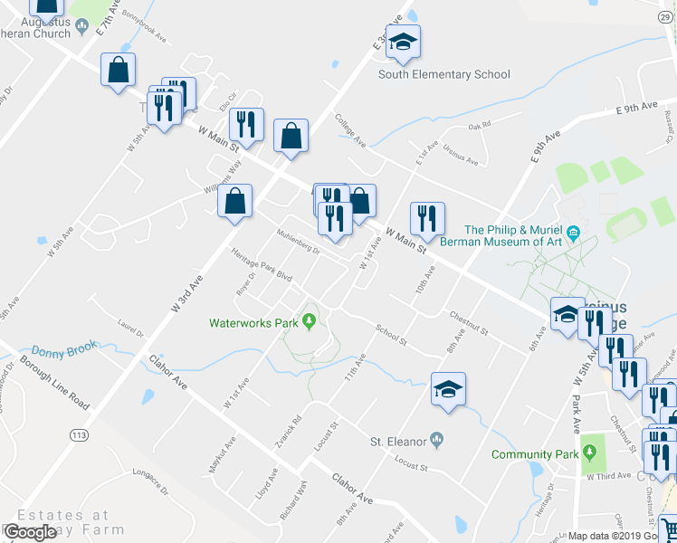 map of restaurants, bars, coffee shops, grocery stores, and more near 649 Muhlenberg Drive in Collegeville