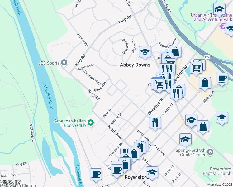 map of restaurants, bars, coffee shops, grocery stores, and more near 640 Elm Street in Royersford