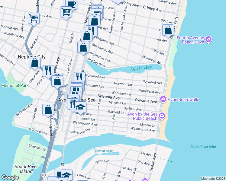 map of restaurants, bars, coffee shops, grocery stores, and more near in Avon-by-the-Sea