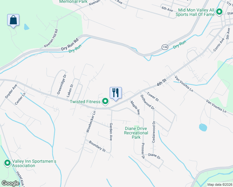 map of restaurants, bars, coffee shops, grocery stores, and more near 1558 4th Street in Monongahela