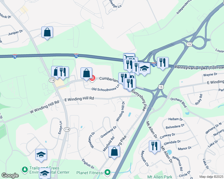 map of restaurants, bars, coffee shops, grocery stores, and more near 174 Old Schoolhouse Lane in Mechanicsburg