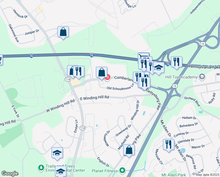 map of restaurants, bars, coffee shops, grocery stores, and more near 138 Old Schoolhouse Lane in Mechanicsburg
