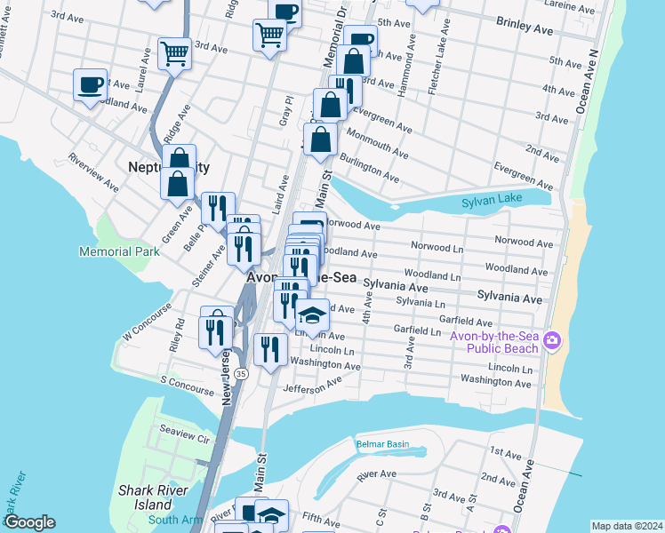map of restaurants, bars, coffee shops, grocery stores, and more near 500 Garfield Avenue in Avon-by-the-Sea