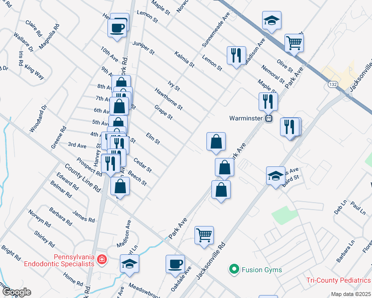 map of restaurants, bars, coffee shops, grocery stores, and more near 219 Madison Avenue in Warminster