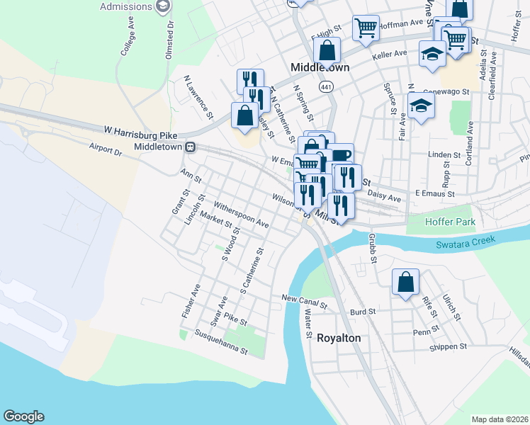 map of restaurants, bars, coffee shops, grocery stores, and more near 332 South Catherine Street in Middletown