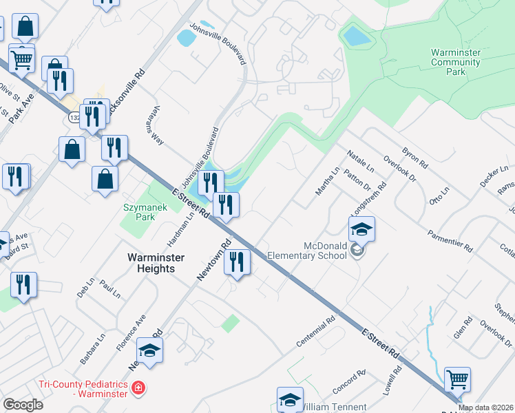 map of restaurants, bars, coffee shops, grocery stores, and more near 321 Alicia Lane in Warminster