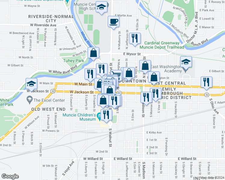 map of restaurants, bars, coffee shops, grocery stores, and more near 208 South Walnut Street in Muncie