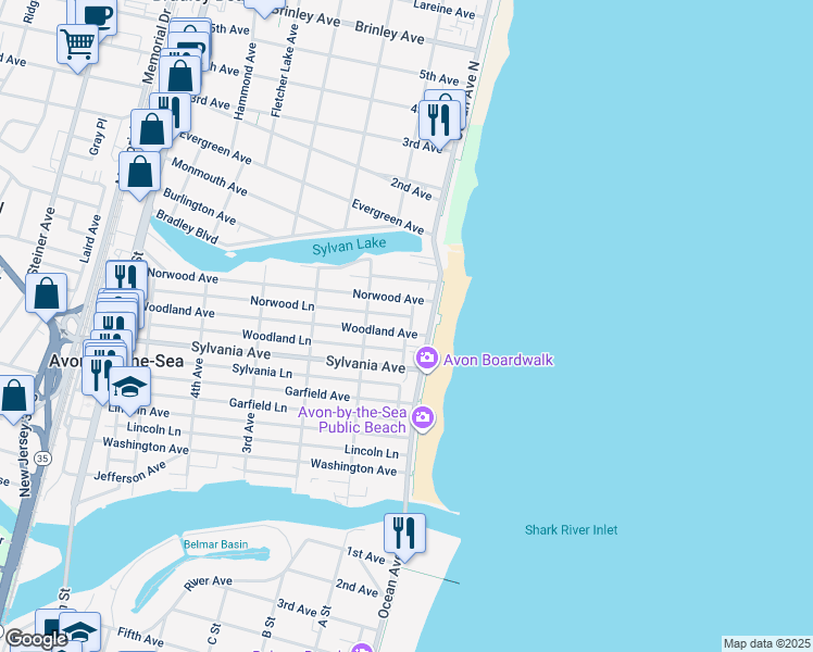 map of restaurants, bars, coffee shops, grocery stores, and more near 521 North Ocean Avenue in Avon-by-the-Sea