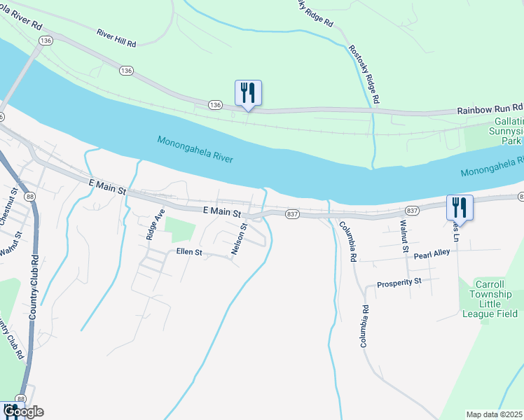 map of restaurants, bars, coffee shops, grocery stores, and more near 808 East Main Street in Monongahela