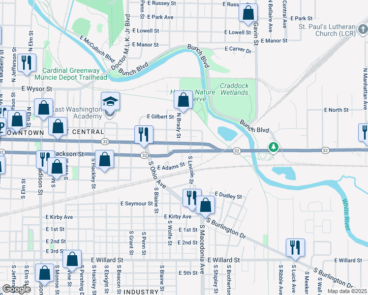 map of restaurants, bars, coffee shops, grocery stores, and more near 1501 East Jackson Street in Muncie