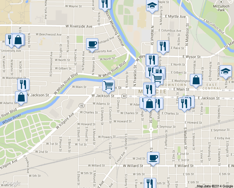 map of restaurants, bars, coffee shops, grocery stores, and more near 415 West Jackson Street in Muncie