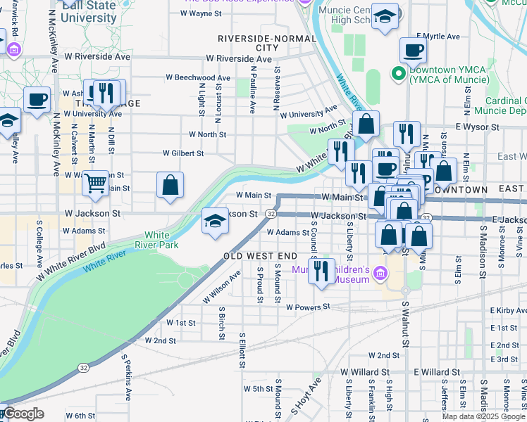 map of restaurants, bars, coffee shops, grocery stores, and more near 801 West Jackson Street in Muncie