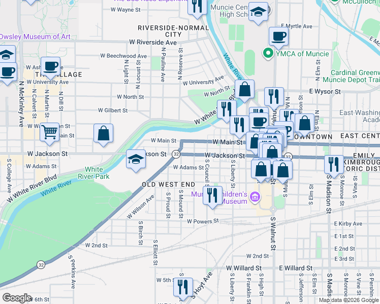 map of restaurants, bars, coffee shops, grocery stores, and more near 701 West Jackson Street in Muncie