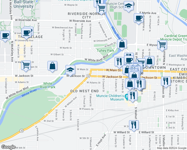 map of restaurants, bars, coffee shops, grocery stores, and more near 712 West Jackson Street in Muncie