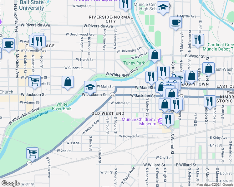 map of restaurants, bars, coffee shops, grocery stores, and more near 722 West Jackson Street in Muncie