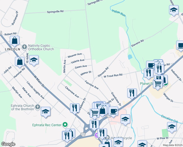 map of restaurants, bars, coffee shops, grocery stores, and more near 932 Pleasant View Road in Ephrata