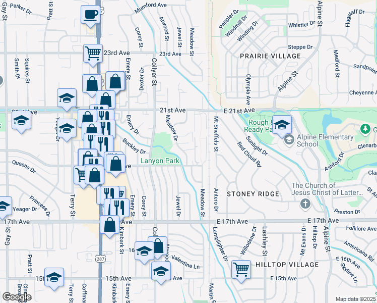 map of restaurants, bars, coffee shops, grocery stores, and more near 1924 Meadow Drive in Longmont