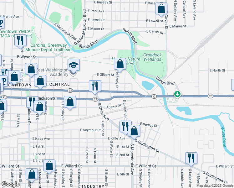 map of restaurants, bars, coffee shops, grocery stores, and more near 1501 East Jackson Street in Muncie