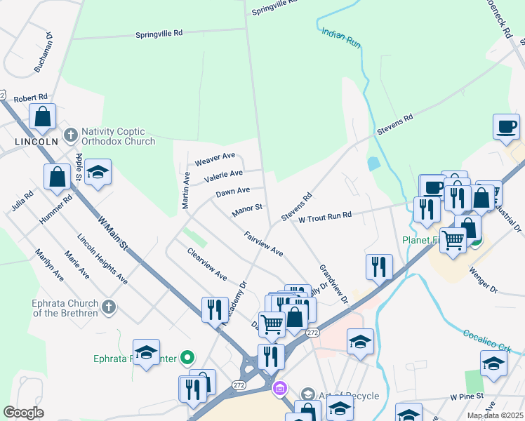 map of restaurants, bars, coffee shops, grocery stores, and more near 932 Pleasant View Road in Ephrata