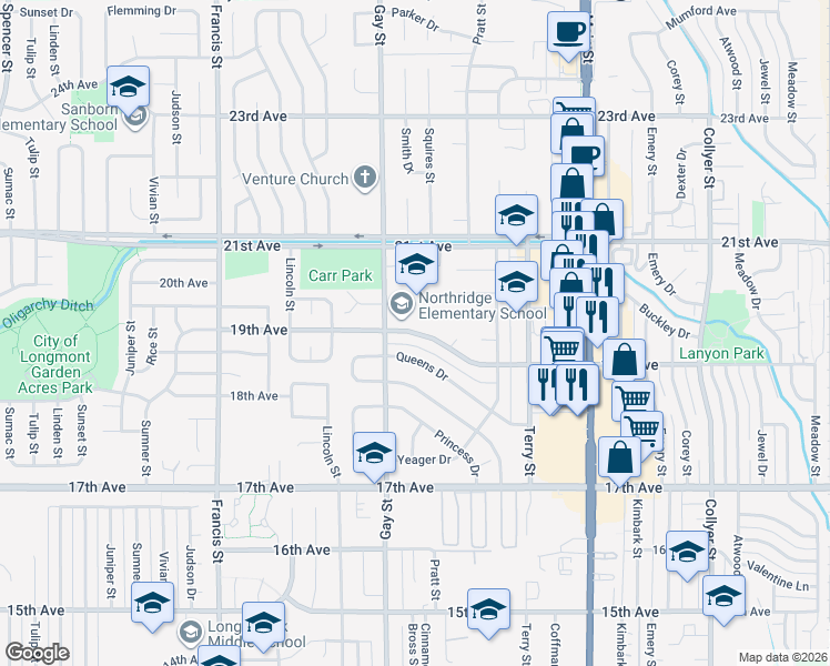 map of restaurants, bars, coffee shops, grocery stores, and more near 1200 19th Avenue in Longmont