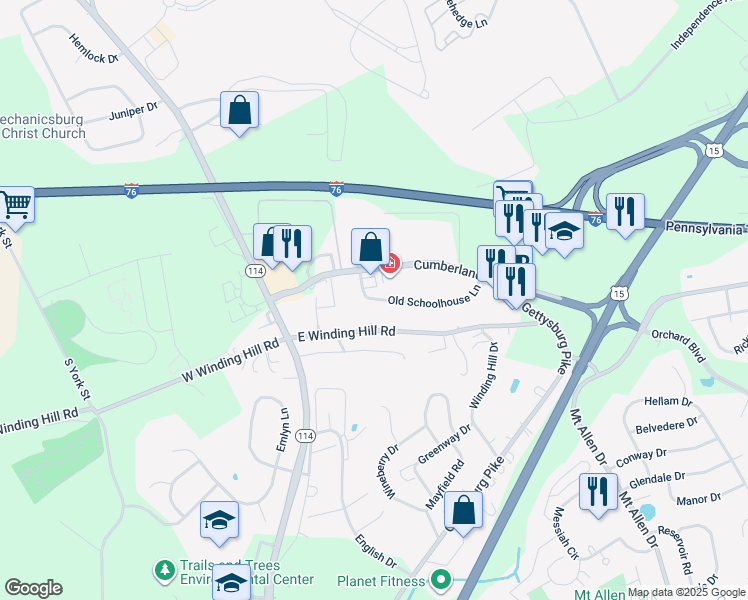 map of restaurants, bars, coffee shops, grocery stores, and more near 122 Old Schoolhouse Lane in Mechanicsburg