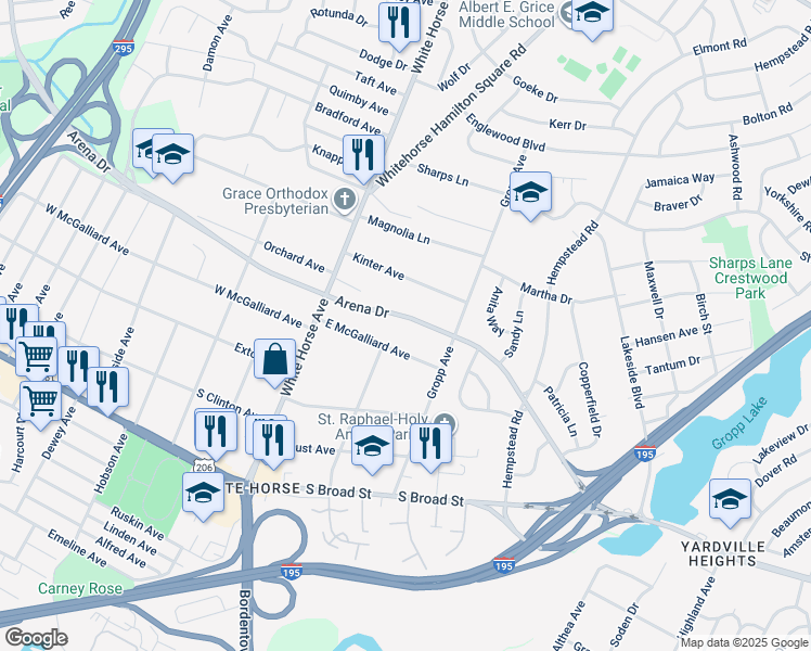 map of restaurants, bars, coffee shops, grocery stores, and more near 1911 Arena Drive in Hamilton Township