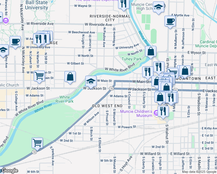 map of restaurants, bars, coffee shops, grocery stores, and more near 810 West Jackson Street in Muncie