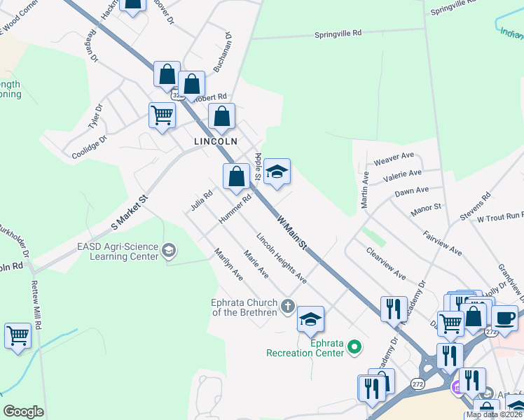 map of restaurants, bars, coffee shops, grocery stores, and more near 1231 Lincoln Heights Avenue in Ephrata