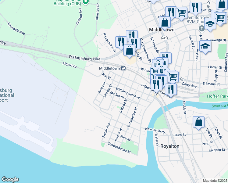 map of restaurants, bars, coffee shops, grocery stores, and more near 351 South Lawrence Street in Middletown