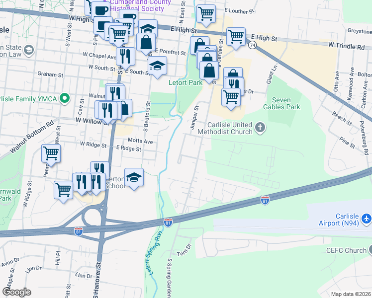 map of restaurants, bars, coffee shops, grocery stores, and more near 619 Mill Race Court in Carlisle